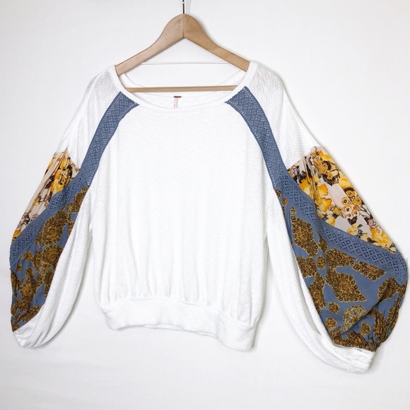 Free people, clash thermal Boho Chic White Blouse with Floral Sleeves - Picture 9 of 12